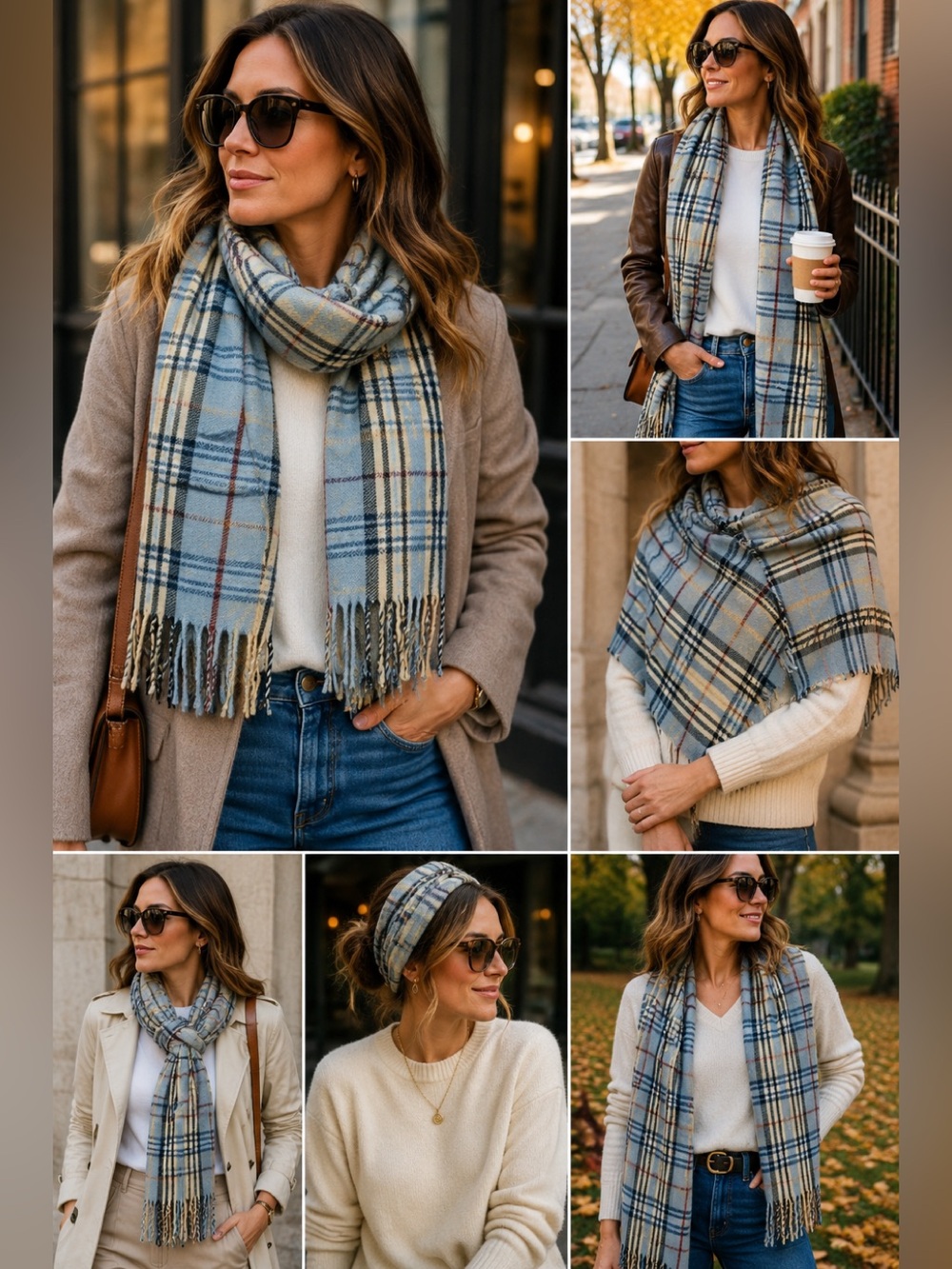 𝅺BABY blue and cream plaid check fringe scarf
